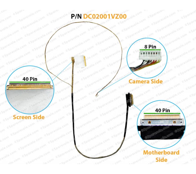 Display Cable For Dell Inspiron 15-5545, 15-5547, 15-5548, KC6CV, 0KC6CV, DC02001VZ00 LCD LED LVDS Flex Video Screen Cable ( 40 Pin Screen Side )